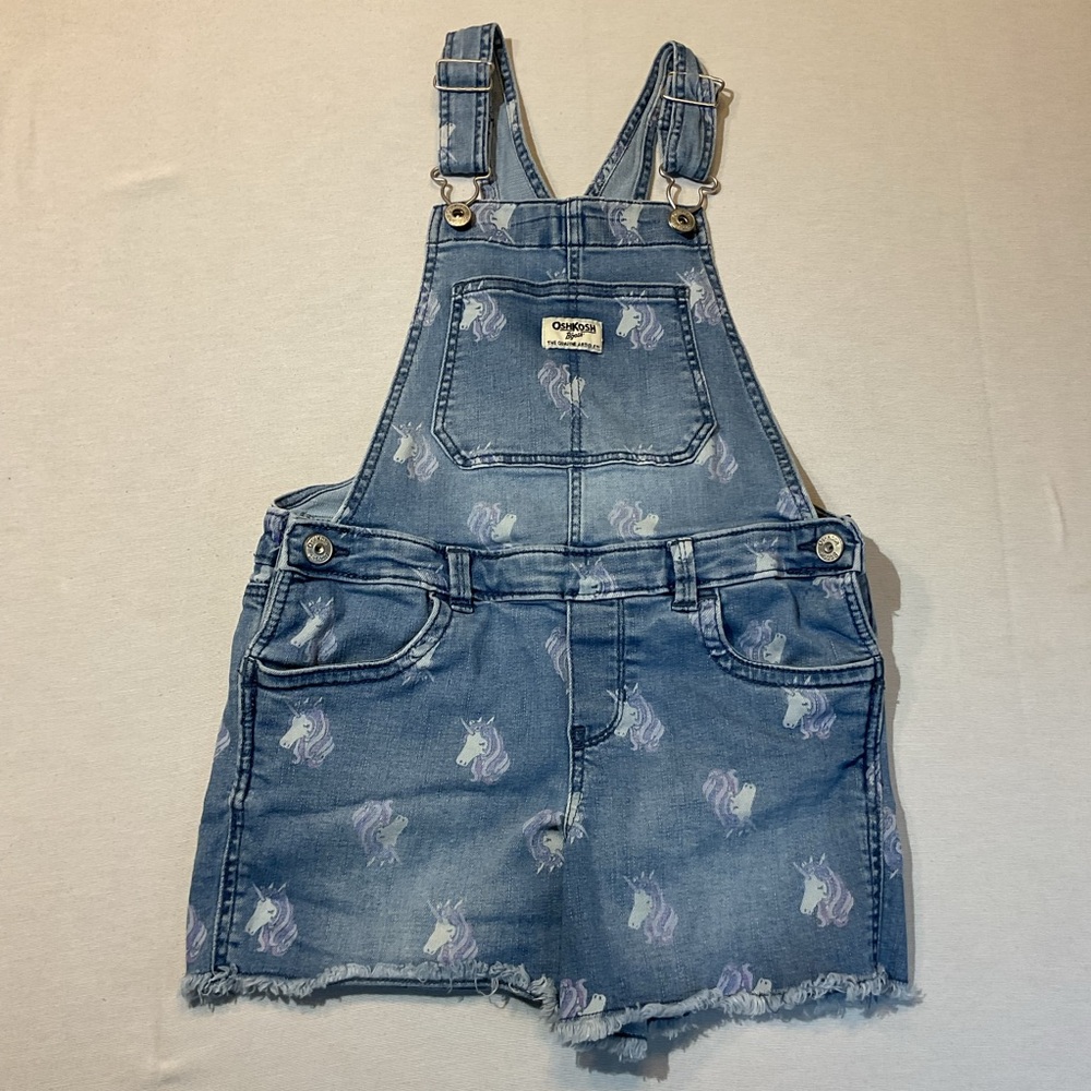 OshKosh B'gosh Unicorn Pattern Bib Short Overalls Size 7 Fringe Short Denim Blue